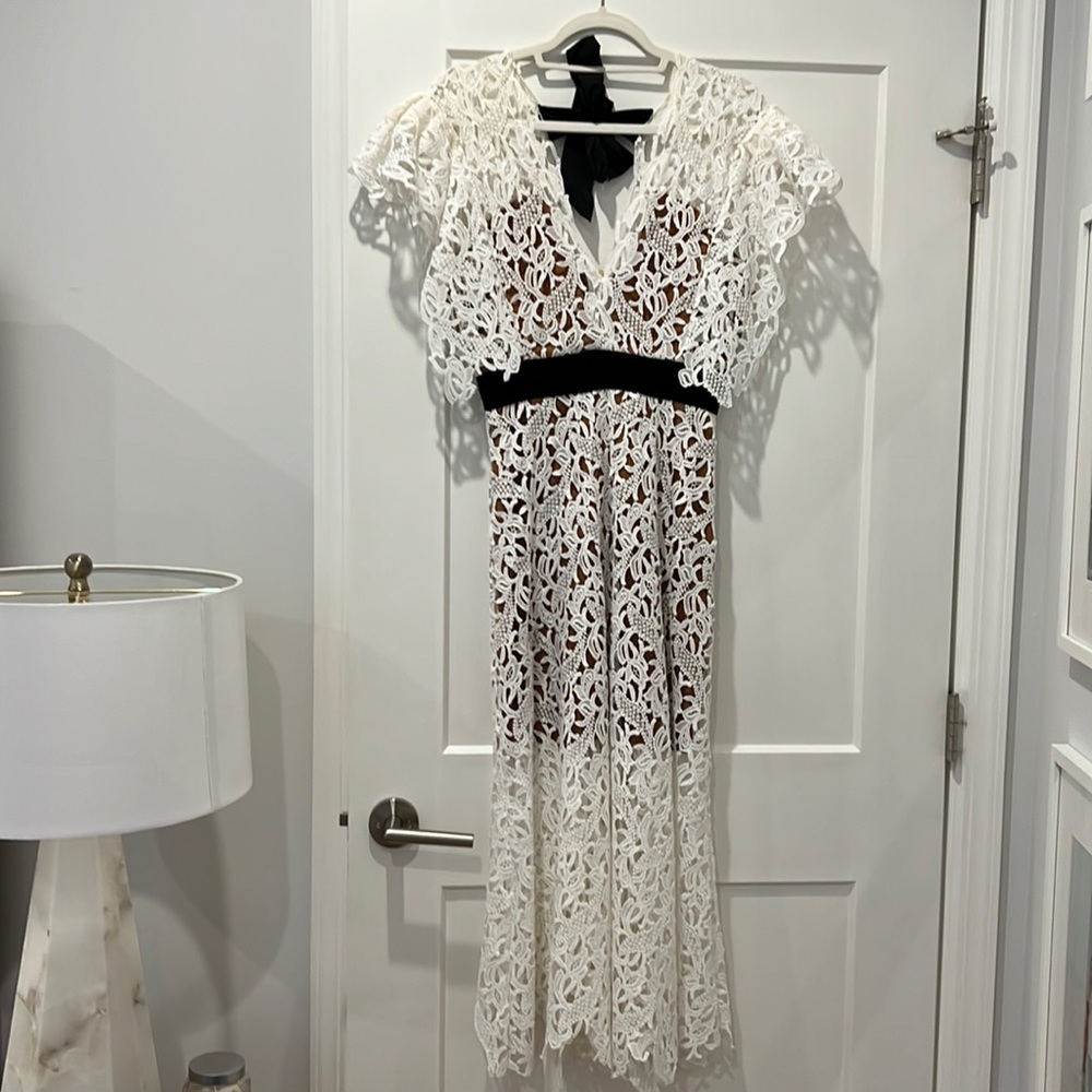 Gorgeous White Lace Style Artclub dress with black detail and bow